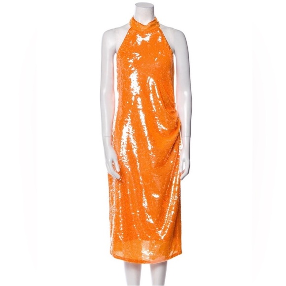 New - Caroline Constas Orange Sequin Halter Party Dress - prom dress - Picture 2 of 15